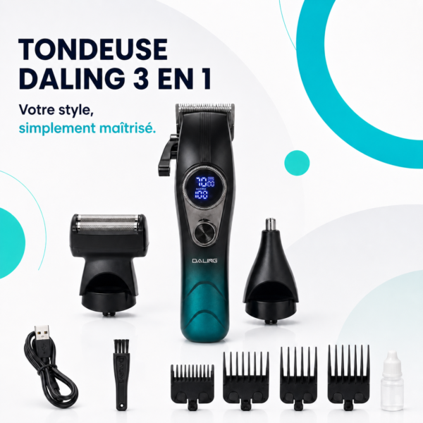 Tondeuse DALING 3 en 1 Rechargeable — Cheveux, Barbe & Nez